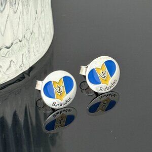 Barbados Heart Flag Earrings S925 Sterling Silver Handmade Ear Stud